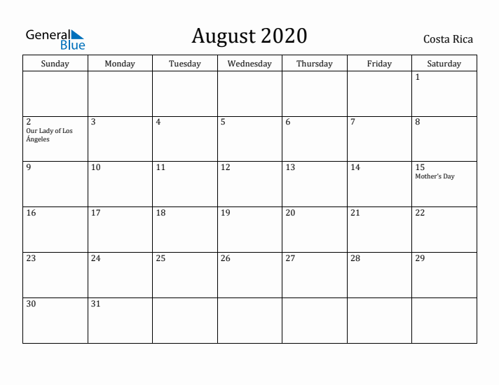 August 2020 Calendar Costa Rica