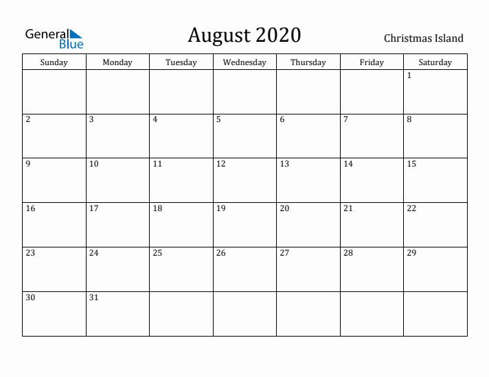 August 2020 Calendar Christmas Island