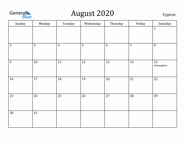 August 2020 Calendar Cyprus