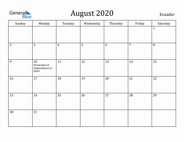 August 2020 Calendar Ecuador