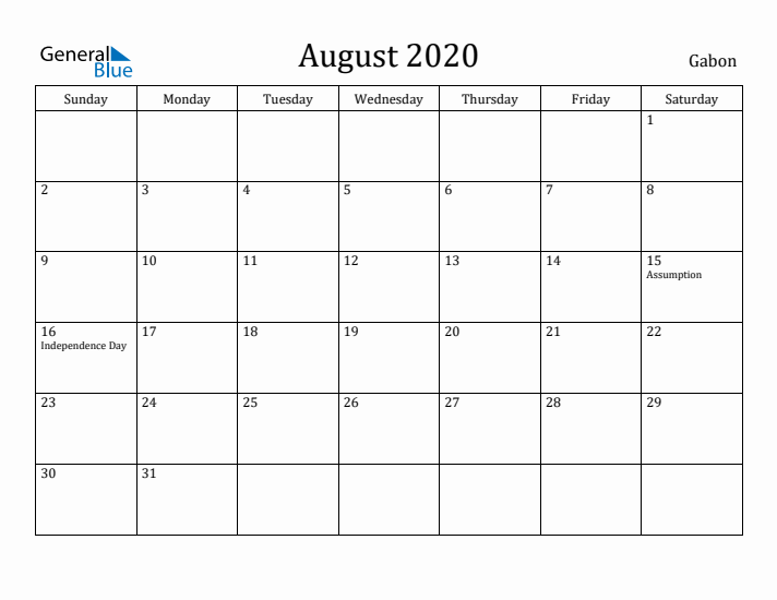 August 2020 Calendar Gabon