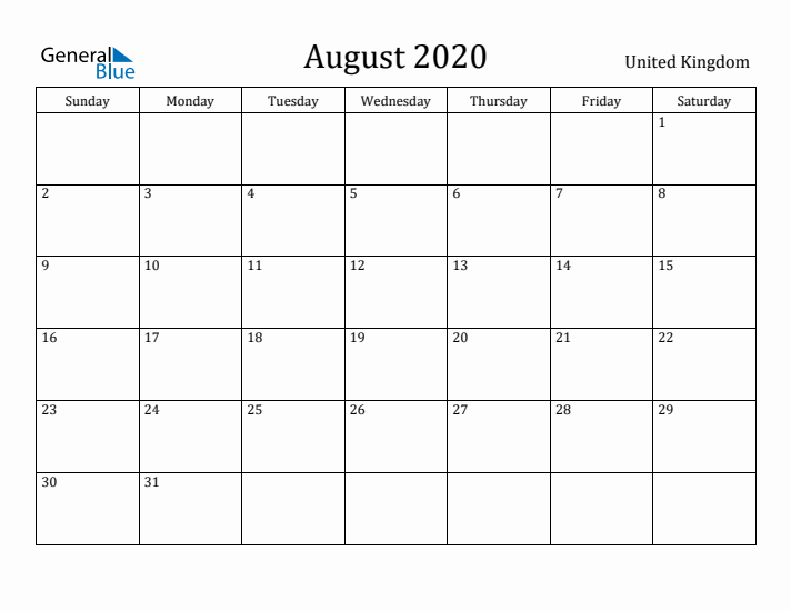August 2020 Calendar United Kingdom