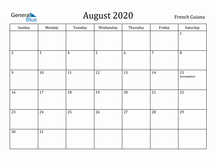 August 2020 Calendar French Guiana