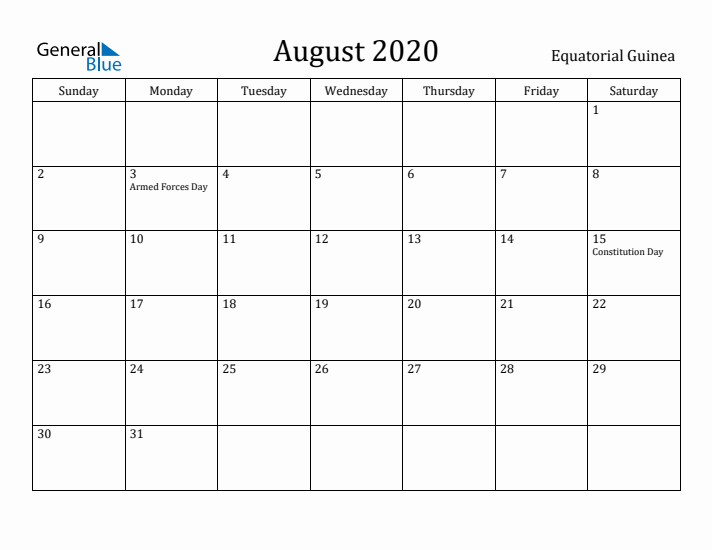 August 2020 Calendar Equatorial Guinea