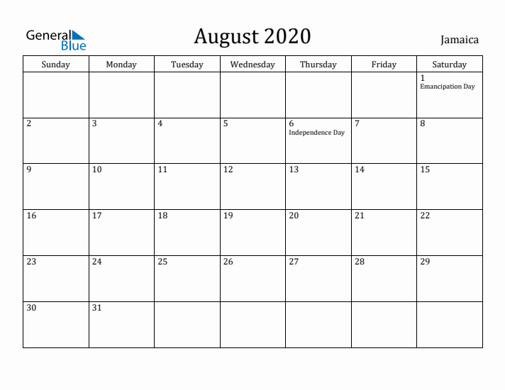 August 2020 Calendar Jamaica
