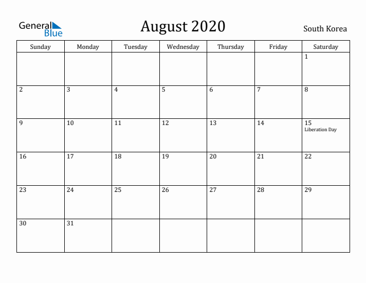 August 2020 Calendar South Korea