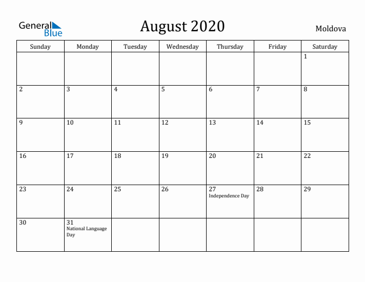 August 2020 Calendar Moldova