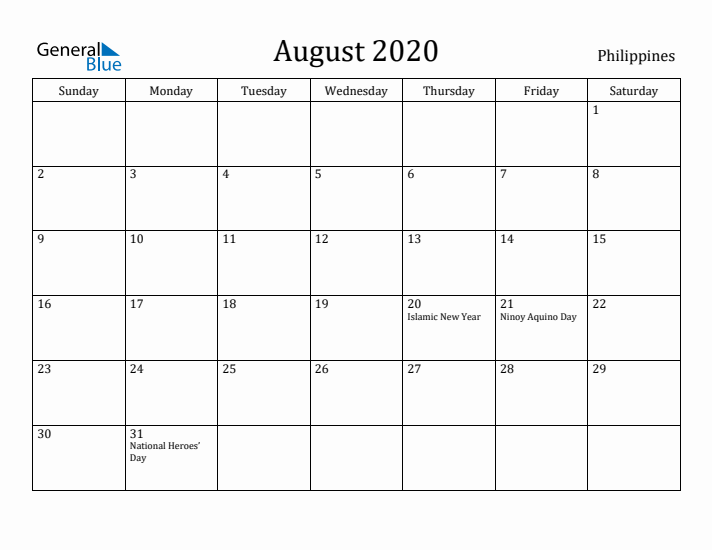 August 2020 Calendar Philippines