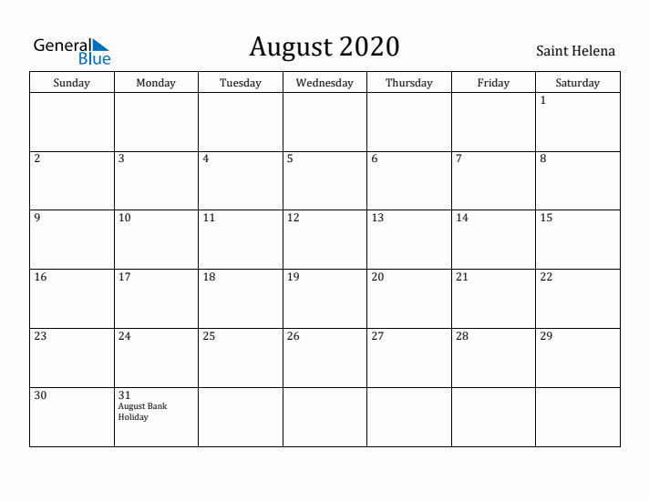August 2020 Calendar Saint Helena