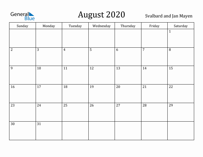 August 2020 Calendar Svalbard and Jan Mayen