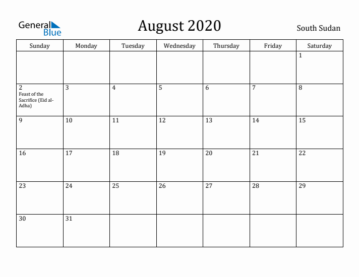 August 2020 Calendar South Sudan
