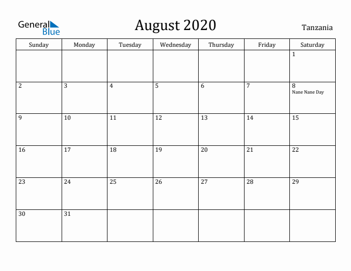 August 2020 Calendar Tanzania