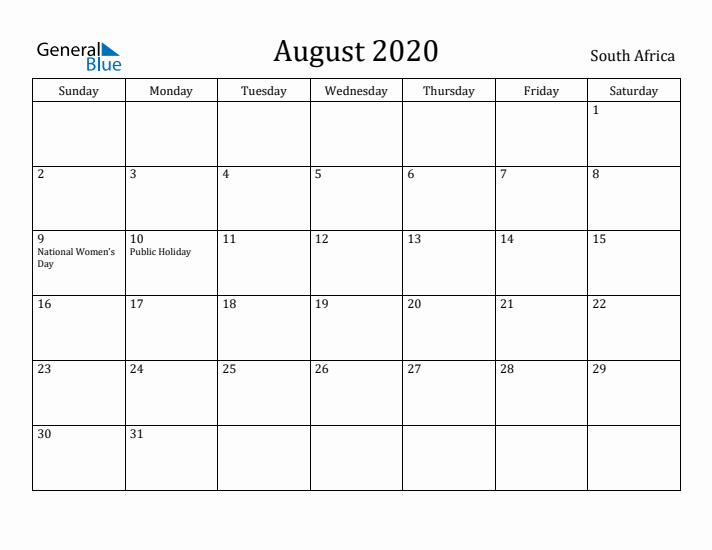 August 2020 Calendar South Africa