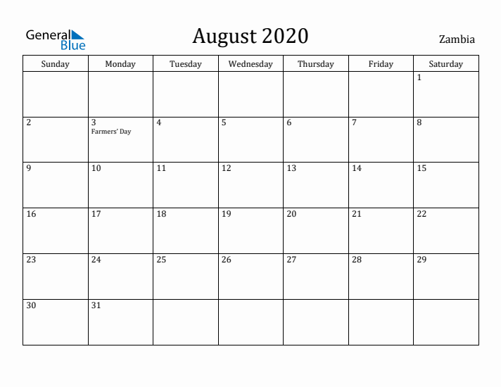 August 2020 Calendar Zambia