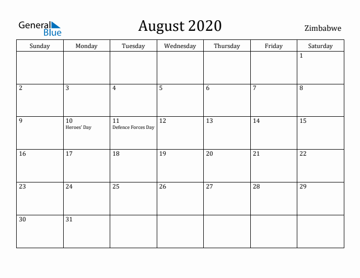 August 2020 Calendar Zimbabwe