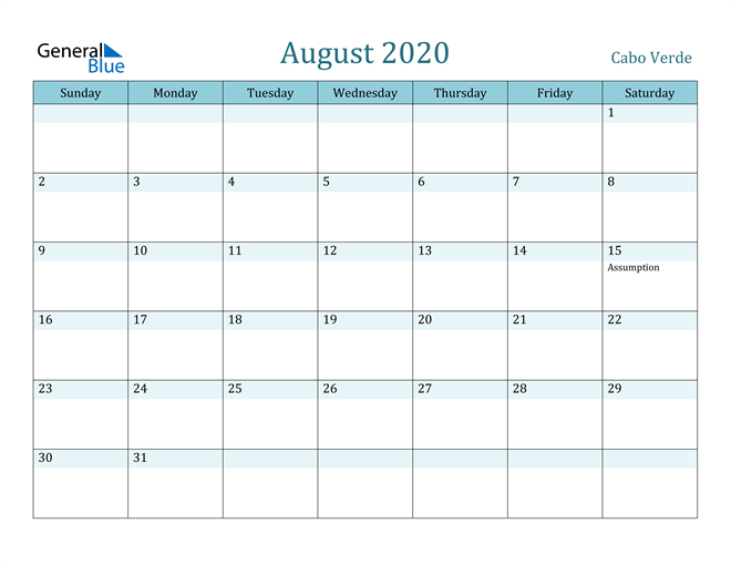 August 2020 Calendar with Holidays in PDF, Word, and Excel