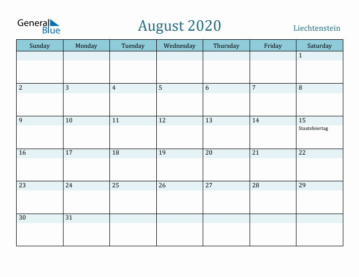 August 2020 Calendar with Holidays