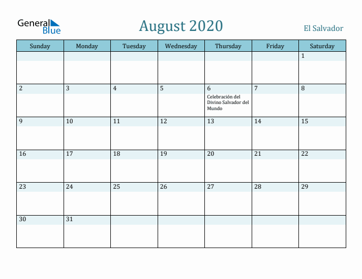 August 2020 Calendar with Holidays