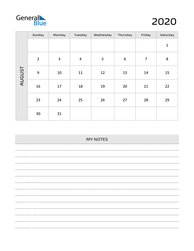  August 2020 Calendar Printable in PDF, Word, and Excel