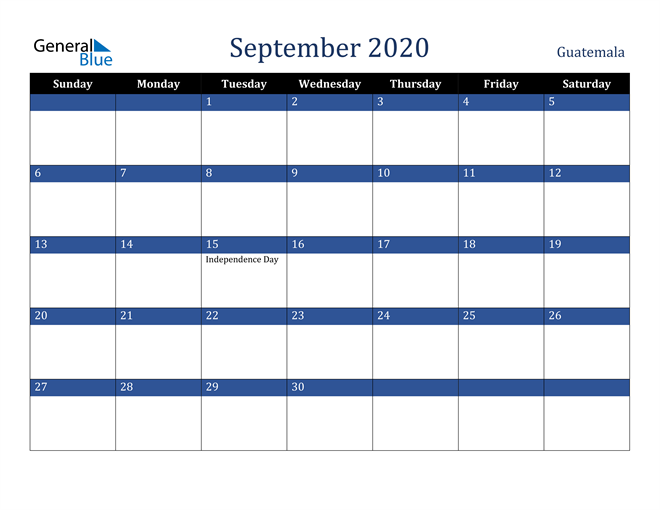 September 2020 Guatemala Calendar
