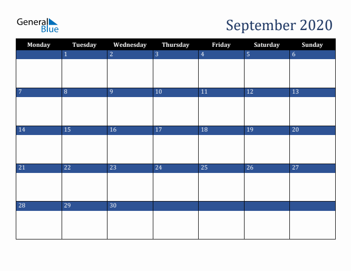 Monday Start Calendar for September 2020