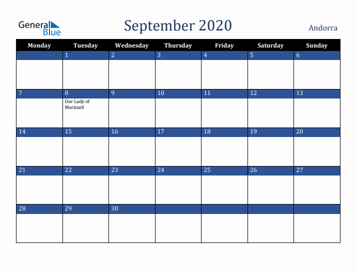 September 2020 Andorra Calendar (Monday Start)