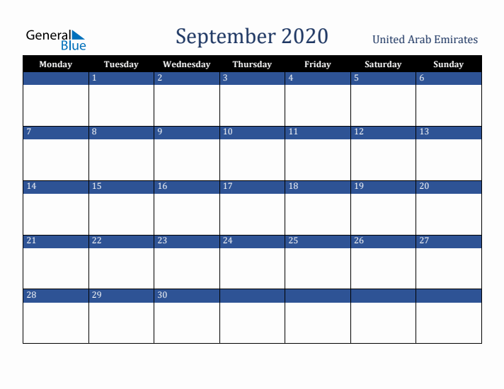 September 2020 United Arab Emirates Calendar (Monday Start)