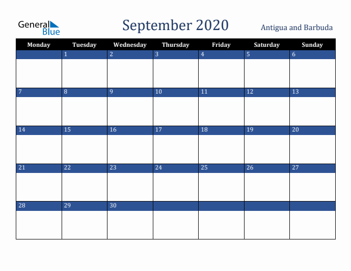 September 2020 Antigua and Barbuda Calendar (Monday Start)