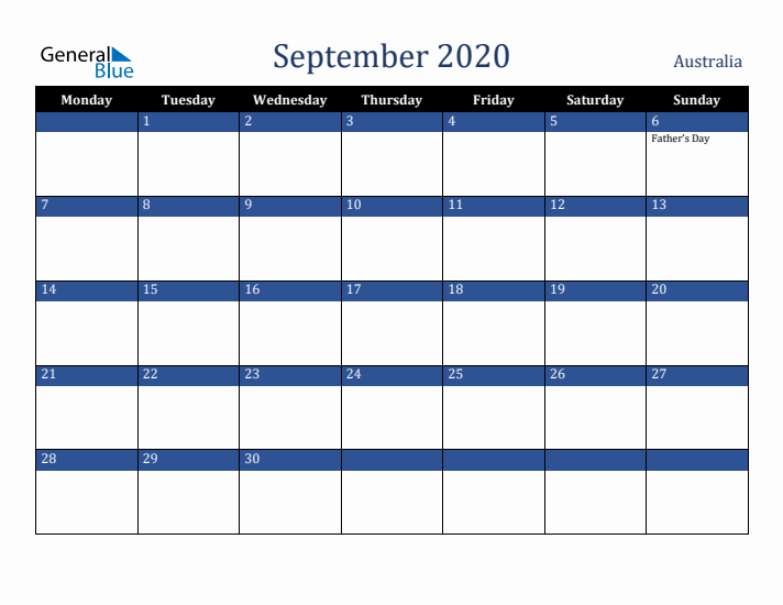 September 2020 Australia Calendar (Monday Start)