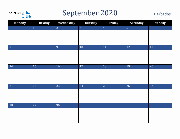 September 2020 Barbados Calendar (Monday Start)