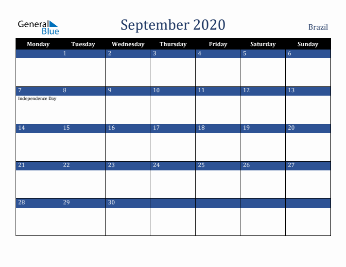 September 2020 Brazil Calendar (Monday Start)