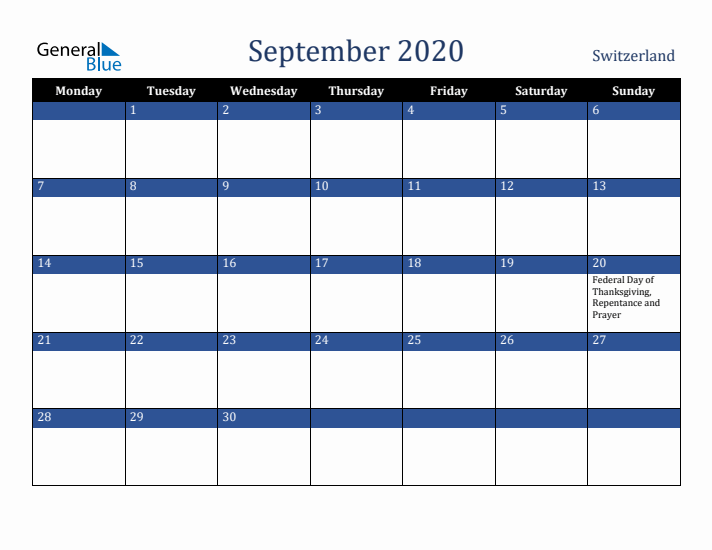 September 2020 Switzerland Calendar (Monday Start)