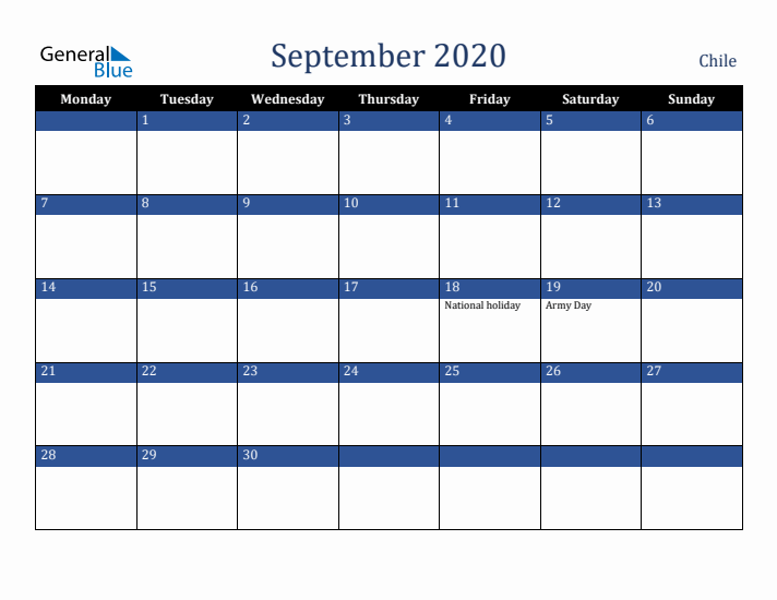 September 2020 Chile Calendar (Monday Start)
