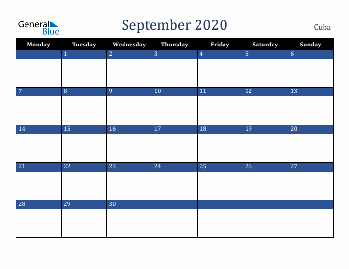 September 2020 Cuba Calendar (Monday Start)