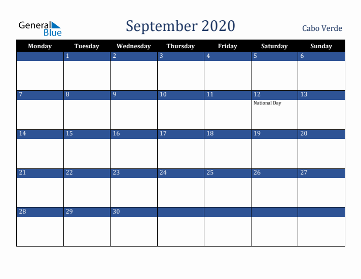September 2020 Cabo Verde Calendar (Monday Start)