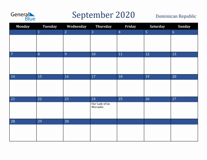 September 2020 Dominican Republic Calendar (Monday Start)