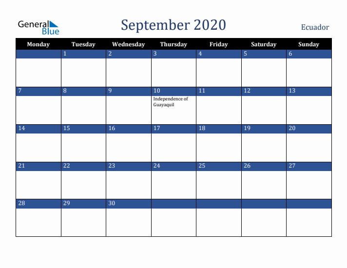 September 2020 Ecuador Calendar (Monday Start)