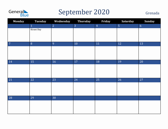 September 2020 Grenada Calendar (Monday Start)