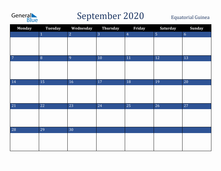 September 2020 Equatorial Guinea Calendar (Monday Start)