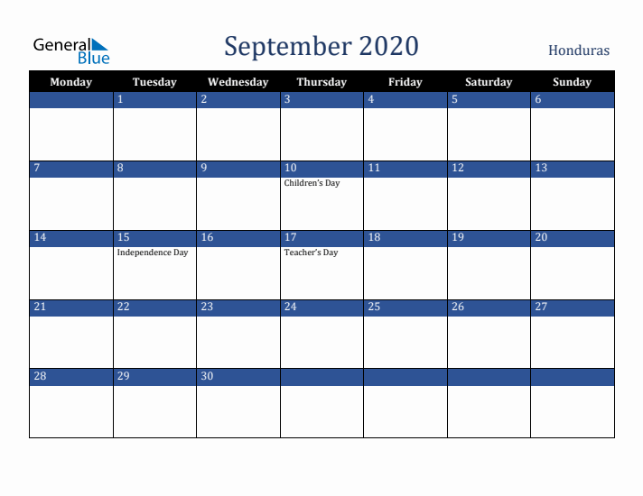 September 2020 Honduras Calendar (Monday Start)