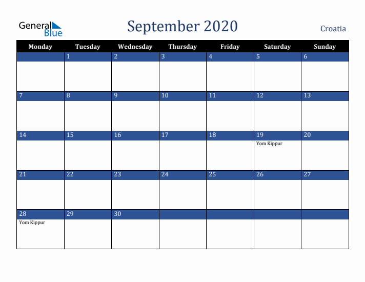 September 2020 Croatia Calendar (Monday Start)