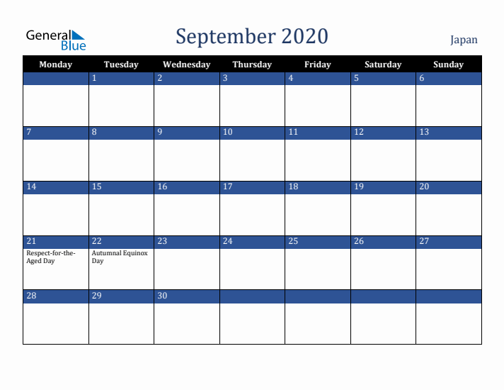 September 2020 Japan Calendar (Monday Start)