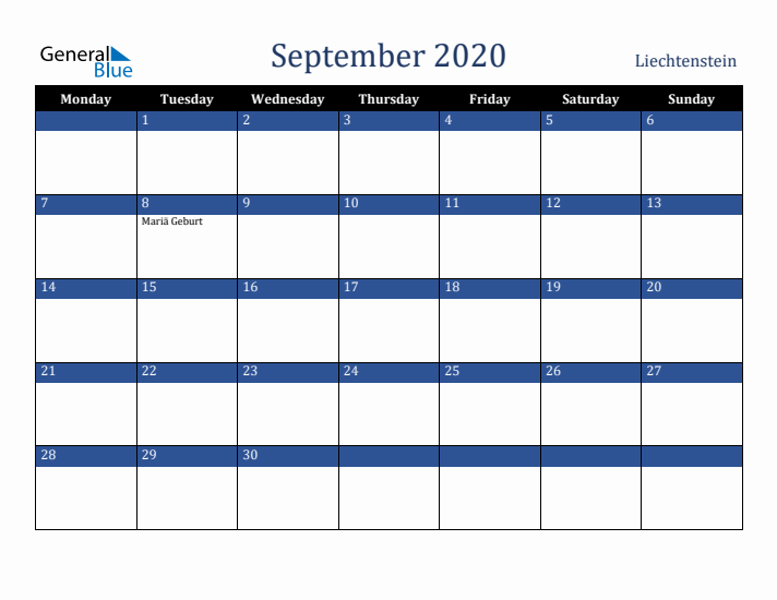 September 2020 Liechtenstein Calendar (Monday Start)