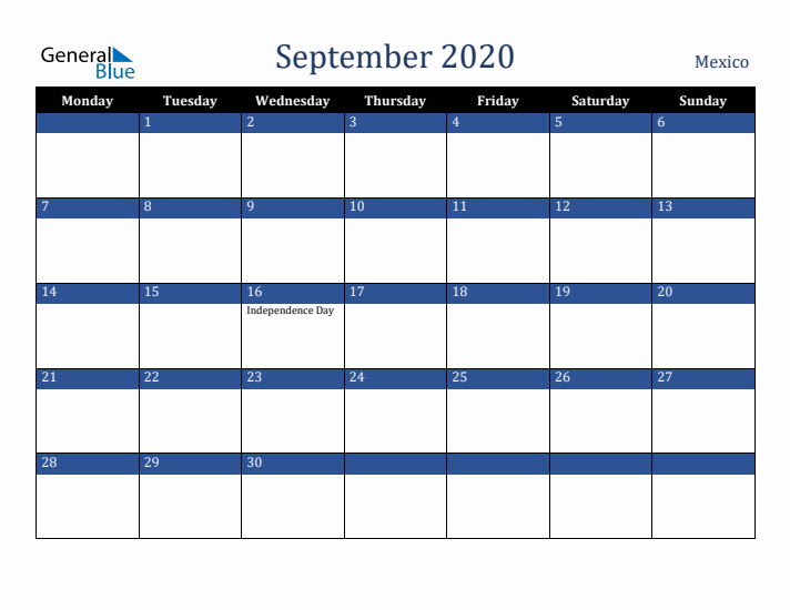 September 2020 Mexico Calendar (Monday Start)