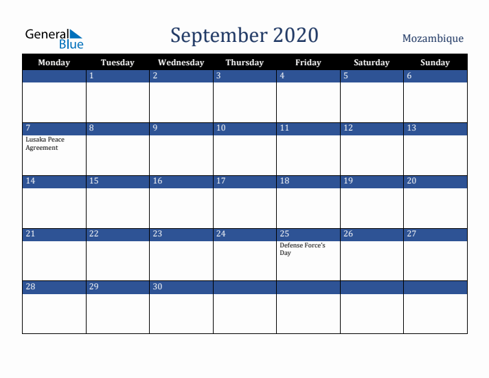 September 2020 Mozambique Calendar (Monday Start)