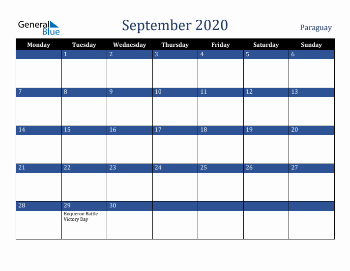 September 2020 Paraguay Calendar (Monday Start)
