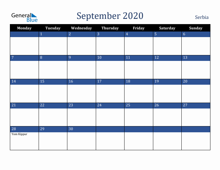 September 2020 Serbia Calendar (Monday Start)