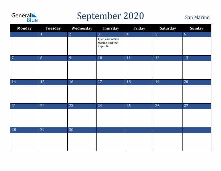 September 2020 San Marino Calendar (Monday Start)
