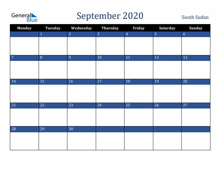 September 2020 South Sudan Calendar (Monday Start)