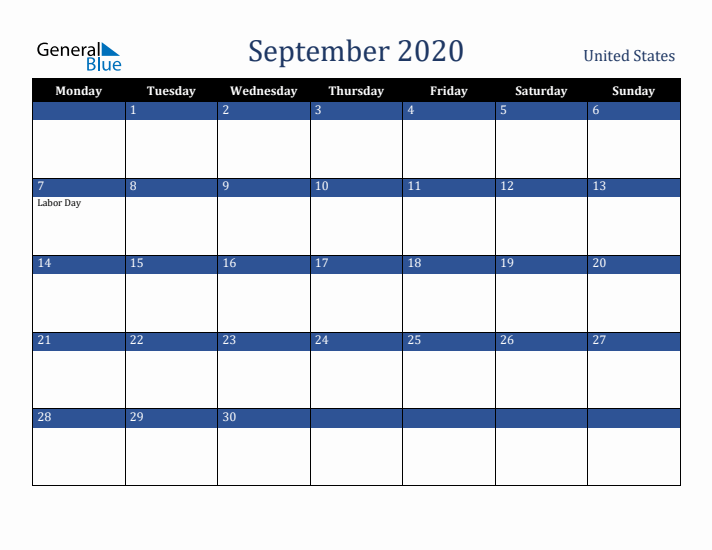 September 2020 United States Calendar (Monday Start)